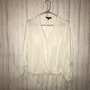 White cross-over front blouse with long sleeves